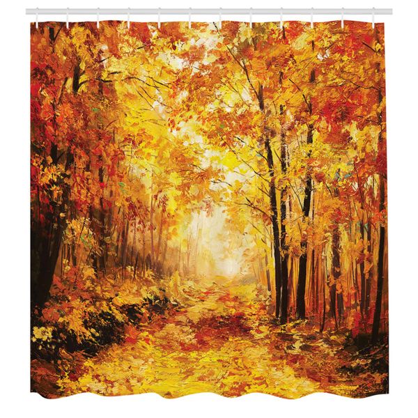 Abakuhaus Tenda Da Doccia Land, Pale Shaded Autunno Nella Foresta Pastorale Tranquillità Vita Semplice Natura Pittura Arte, Tessuto Set Decorativo Per Bagno Con Ganci, 175X220 Cm, Arancione Marrone-image