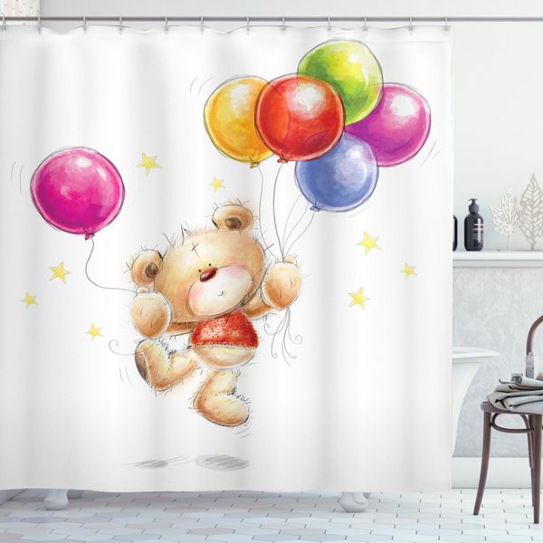 Abakuhaus Tenda Da Doccia Con Caricatura, Orsacchiotto Con Palloncino, Stampa Digitale Su Tessuto, Incl. 12 Ganci, Resistente Al Lavaggio, Resistente Ai Batteri, 175 X 180 Cm, Multicolore-image
