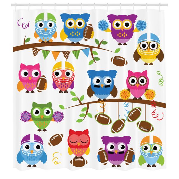 Abakuhaus Tenda Da Doccia Con Gufi, Gufi Sportivi Cheerleader Lega Squadra Casco Allenatore Calcio Tema Cartone Animato, Tessuto Set Decorativo Per Bagno Con Ganci, 175X200 Cm, Multicolore-image