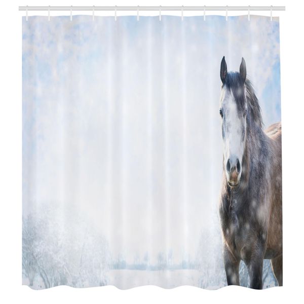 Abakuhaus Tenda Da Doccia Land, Cavallo Grigio Su Paesaggio Invernale Con Nevicate In Natura Con Animali Reali, Set Decorativo Per Bagno In Tessuto Con Ganci, 175X240 Cm, Bianco Marrone-image