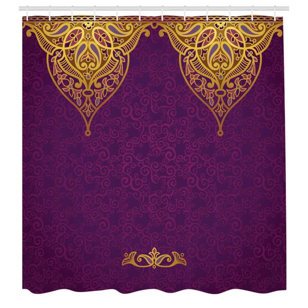 Abakuhaus Tenda Da Doccia Viola, Motivo Orientale Del Palazzo Reale Con Arte Boema Tradizionale Matrimoniale, Tessuto Set Decorativo Per Bagno Con Ganci, 175X240 Cm, Viola Giallo-image