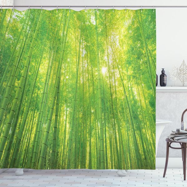 Abakuhaus Tenda Da Doccia In Bambù, Animali Esotici E Piante, Con Set Di 12 Anelli Impermeabile Elegante Moderna Colori Resistenti E Antimuffa, 175 X 220 Cm, Verde-image