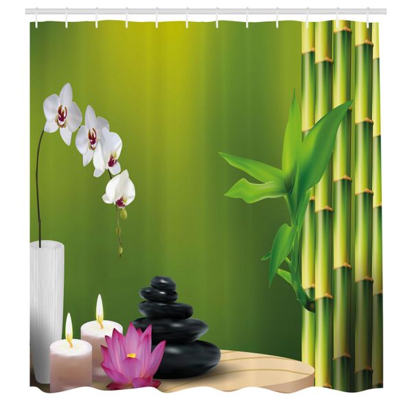 Abakuhaus Tenda Da Doccia, Bambù Fiori Cera Di Pietra Tavolo Orchidee Roccia Tema Stile Di Vita Sano, Tessuto Set Decorativo Per Bagno Con Ganci, 175X200 Cm, Verde Felce Fucsia Bianco-image
