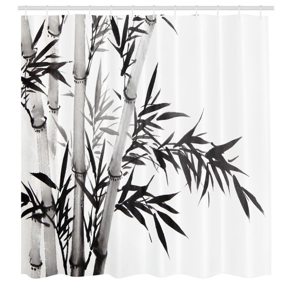 Abakuhaus Tenda Da Doccia In Bambù, Immagine Di Albero Di Bambù, Calligrafia Tradizionale Cinese, Tema Culturale Asiatico, Tessuto, Set Decorativo Per Bagno Con Ganci, 175X240 Cm, Grigio Antracite E Bianco-image