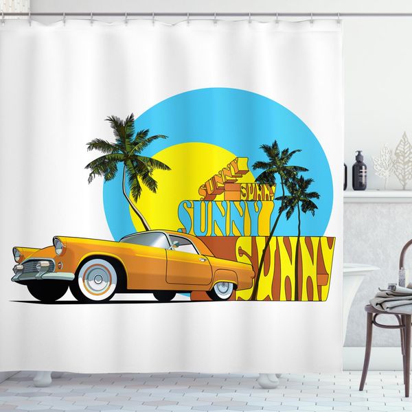 Abakuhaus Tenda Da Doccia Retrò, Auto D'epoca Nella Città Di Miami, Impermeabile, Inclusi 12 Anelli, Resistente A Batteri E Muffe, 175 X 200 Cm, Giallo, Blu, Arancione-image
