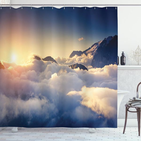 Abakuhaus Tenda Da Doccia Paesaggio, Arrampicata Tra Le Nuvole, Acqua Opaca Incl. 12 Anelli Resistente A Batteri E Muffe, 175 X 220 Cm, Beige Navy-image