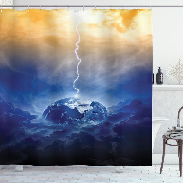 Abakuhaus Tenda Da Doccia Naturale, Bulloni Grandi Incontrano Pianeti, Opaca, Incluse 12 Anelle, Resistente A Batteri E Muffe, 175 X 180 Cm, Giallo-Blu-image