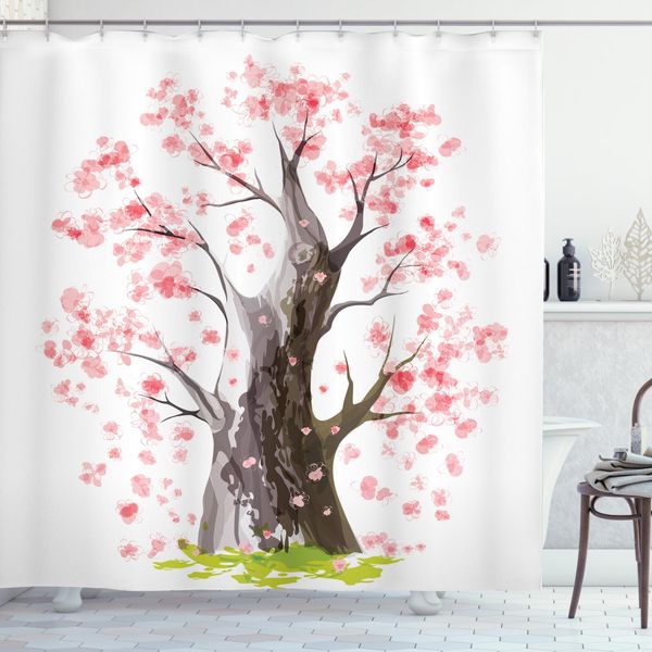 Abakuhaus Tenda Da Doccia Baum, Blooming Sakura, Impermeabile, Inclusi 12 Anelli, Resistente A Batteri E Muffe, 175 X 200 Cm, Nero, Verde, Rosa-image