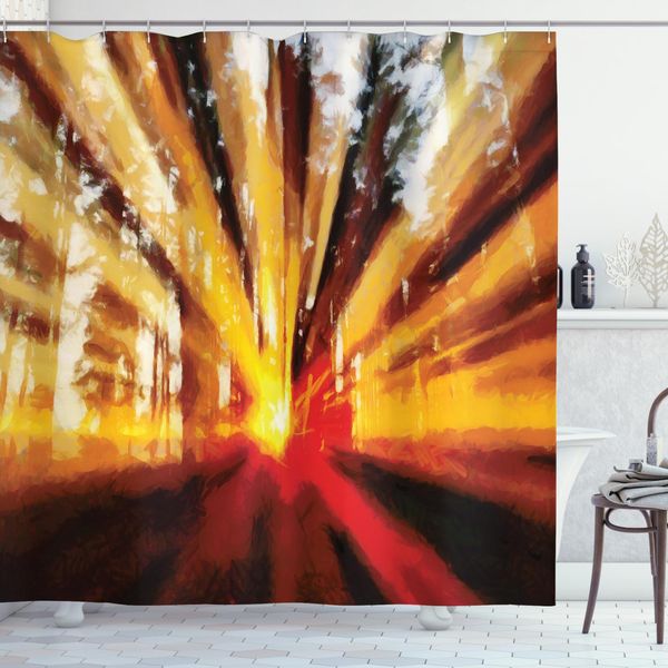 Abakuhaus Tenda Da Doccia Land, Tramonto Nella Foresta, Set Incl. 12 Ganci In Tessuto Impermeabile Resistente A Batteri E Muffe, 175 X 180 Cm, Giallo Arancione-image