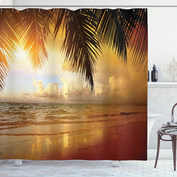 Abakuhaus Tenda Da Doccia Da Spiaggia, Sunset Caribbean Palms, Impermeabile, Incl. 12 Anelli, Resistente A Batteri E Muffe, 175 X 180 Cm, Arancione-image