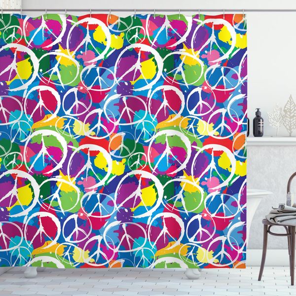 Abakuhaus Tenda Da Doccia Retrò, Tema Pacifista, Stampa Personalizzata, 12 Ganci Inclusi, Colori Resistenti, Decorativa Con Colori Chiari, 175 X 220 Cm, Multicolore-image