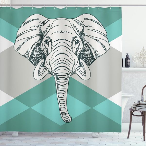 Abakuhaus Tenda Da Doccia Elefante, Elefante Boho Minimalista, Impermeabile, Incl. 12 Anelli, Resistente A Batteri E Muffe, 175 X 180 Cm, Grigio Verde Acqua-image