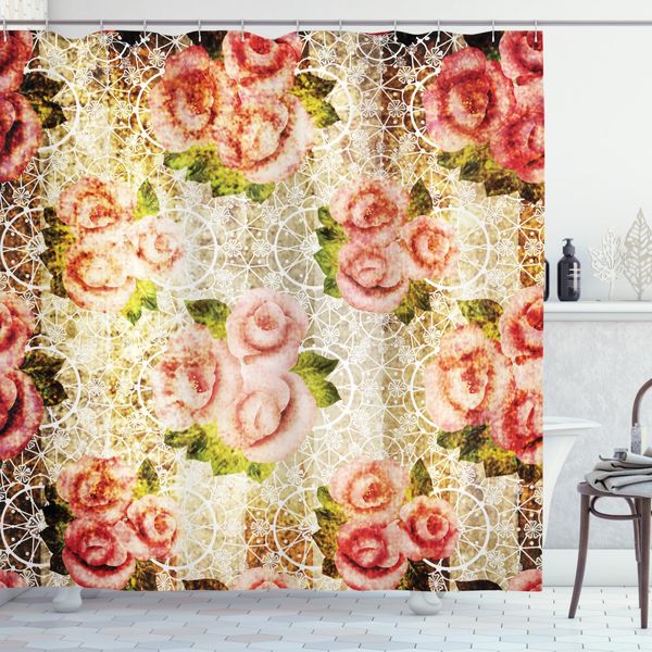 Abakuhaus Tenda Da Doccia Retrò, Motivo Floreale Psichedelico, Impermeabile, Inclusi 12 Anelli, Resistente A Batteri E Muffe, 175 X 200 Cm, Crema, Verde, Rosa-image
