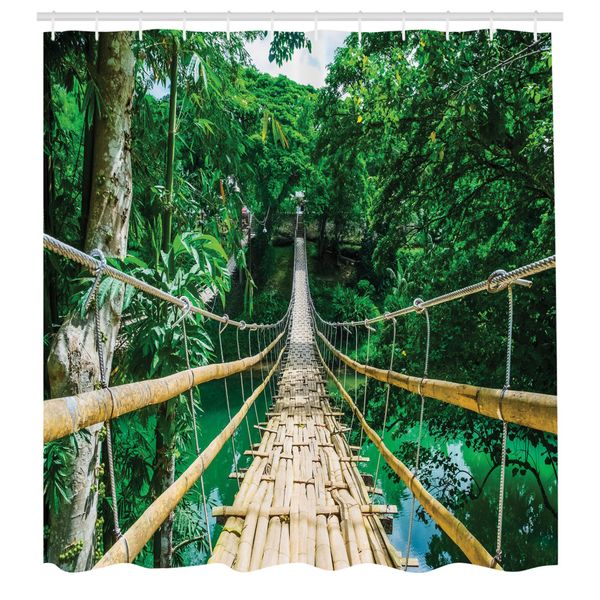 Abakuhaus Tenda Da Doccia Tropicale, Ponte Pedonale Sospeso In Bambù Sul Fiume Nella Foresta Tropicale Delle Filippine, Tessuto Set Decorativo Per Bagno Con Ganci, 175X220 Cm, Beige Verde-image