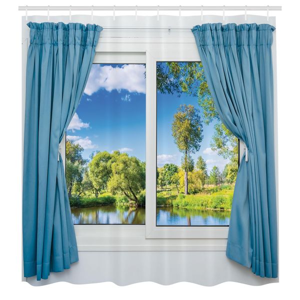 Abakuhaus Tenda Da Doccia Land, Vista Rurale Con Riflesso Della Finestra Nell'acqua, Albero Sul Lago In Estate, Tessuto Set Decorativo Per Bagno Con Ganci, 175X200 Cm, Verde Bianco Blu-image