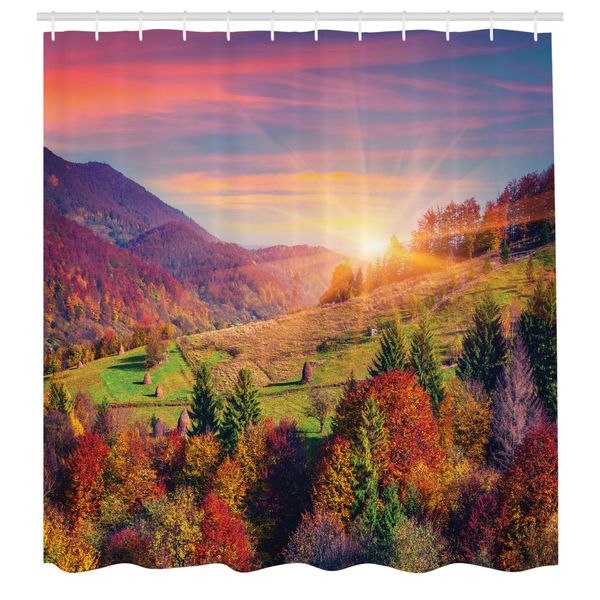 Abakuhaus Tenda Da Doccia Naturale, Pastorale Mattina D'autunno Nel Villaggio Di Montagna Caduta Albero Stampa Rurale Surreale, Tessuto Set Decorativo Per Bagno Con Ganci, 175X220 Cm, Rosso Viola Verde-image