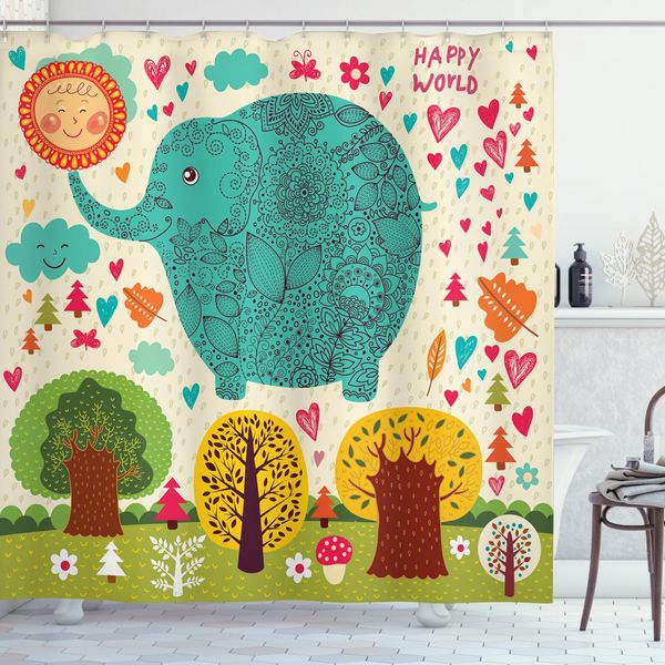 Abakuhaus Tenda Da Doccia Colorata, Elephant Trees Leaves, Impermeabile, Inclusi 12 Anelli, Resistente A Batteri E Muffe, 175 X 200 Cm, Multicolore-image