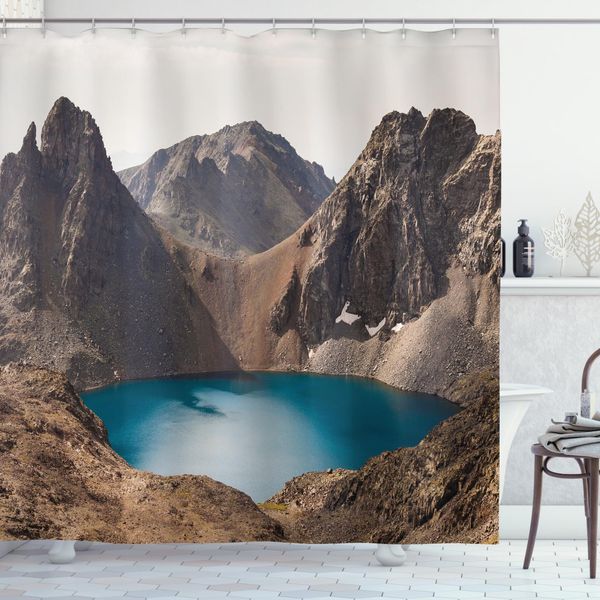 Abakuhaus Tenda Da Doccia Paesaggio, Lake Nature Terra, Acqua Opaca Incl. 12 Anelli Lunga Durata Resistente A Batteri E Muffe, 175 X 220 Cm, Marrone Verde Acqua-image