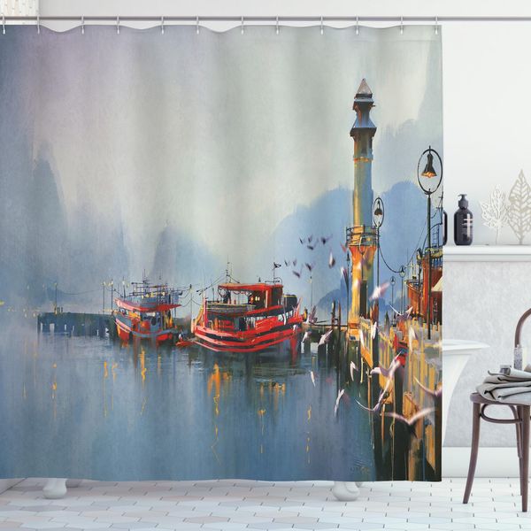 Abakuhaus Tenda Da Doccia Colorata, Barche E Uccelli Nel Porto, Opaca, Incl. 12 Anelli, Resistente A Batteri E Muffe, 175 X 240 Cm, Multicolore-image