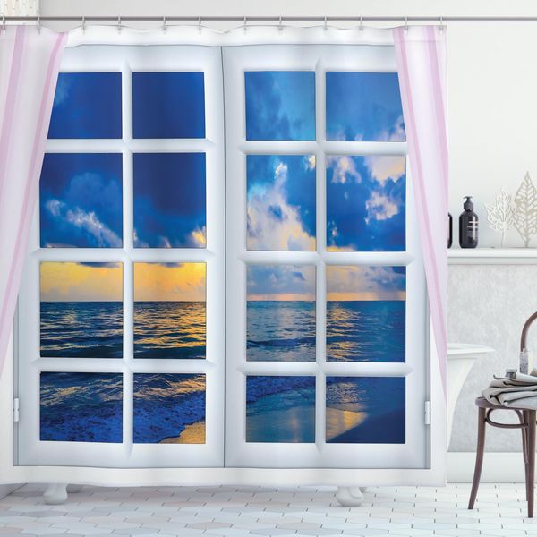 Abakuhaus Tenda Da Doccia Paesaggio, Tramonto Sul Mare, Opaca, Incl. 12 Anelli, Resistente A Batteri E Muffe, 175 X 240 Cm, Blu E Bianco-image