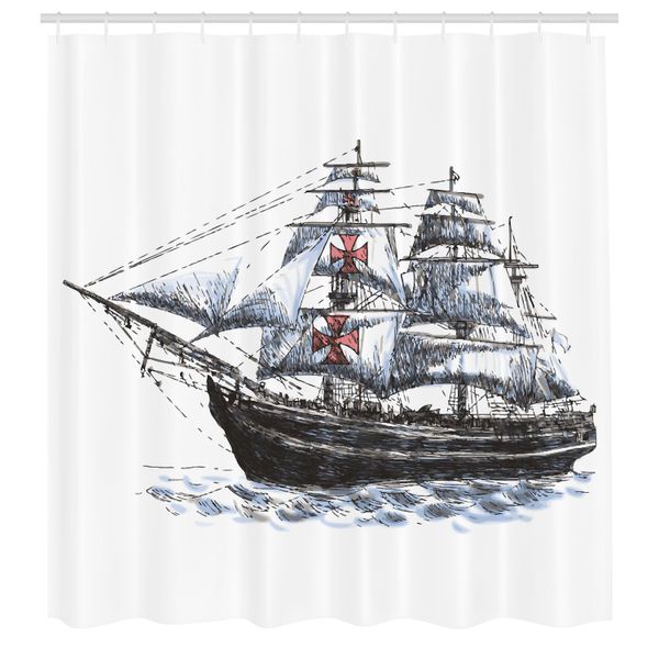 Abakuhaus Tenda Da Doccia Vintage, Vecchia Barca A Vela Columbus Invecchiata Nell'immaginario Atlantico Viaggio Viaggio Stampa, Tessuto Set Decorativo Per Bagno Con Ganci, 175X240 Cm, Multicolore-image