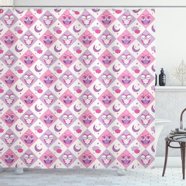 Abakuhaus Tenda Da Doccia Con Gufi, Uccelli Dormienti, Luna E Stelle, Opaca, Con 12 Anelli, Resistente A Batteri E Muffe, 175 X 240 Cm, Rosa Lavanda-image