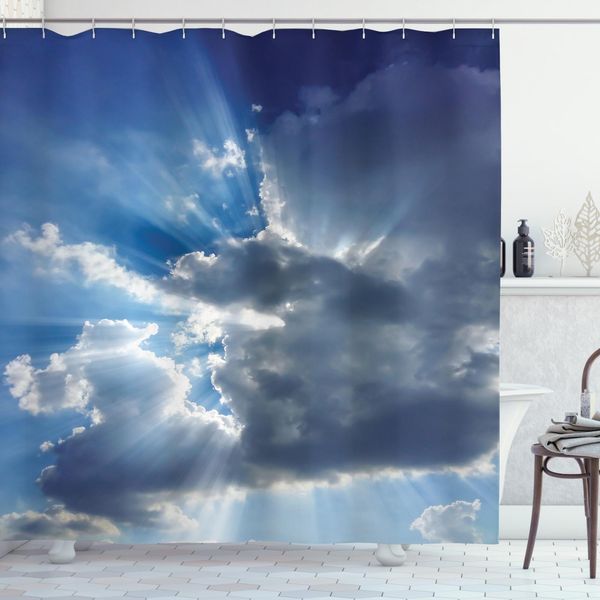 Abakuhaus Tenda Da Doccia Paesaggio, Raggi Di Sole Tra Le Nuvole, Acqua Opaca, Incl. 12 Anelli, Resistente A Batteri E Muffe, 175 X 200 Cm, Grigio Blu-image