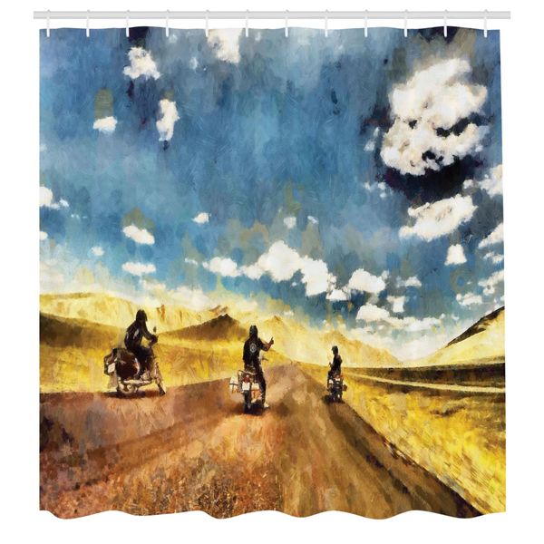 Abakuhaus Tenda Da Doccia Land, Gruppo Di Amici In Moto In Un'avventura Rurale Paesaggio Viaggi Sopra Grafica, Tessuto Set Decorativo Per Bagno Con Ganci, 175X220 Cm, Multicolore-image
