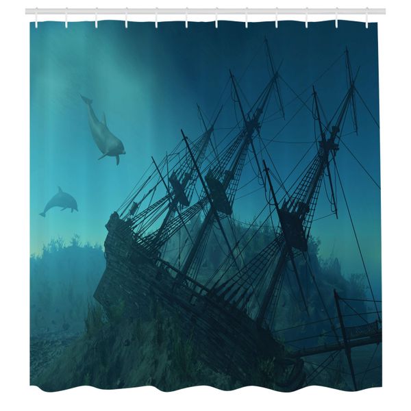 Abakuhaus Tenda Da Doccia Nautica, Delfini Relitto Affondato Sott'acqua Nave Affondata Immagine Misteriosa, Tessuto Set Decorativo Per Bagno Con Ganci, 175X200 Cm, Blu Grigio Azzurro-image