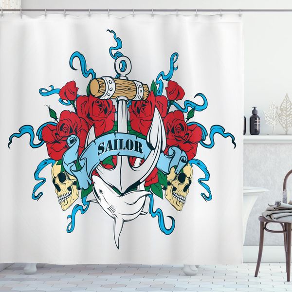 Abakuhaus Tenda Da Doccia Colorata, Anchor Knochen Skeleton, Impermeabile, Incl. 12 Anelli, Resistente A Batteri E Muffe, 175 X 240 Cm, Rosso Blu Sabbia Marrone-image
