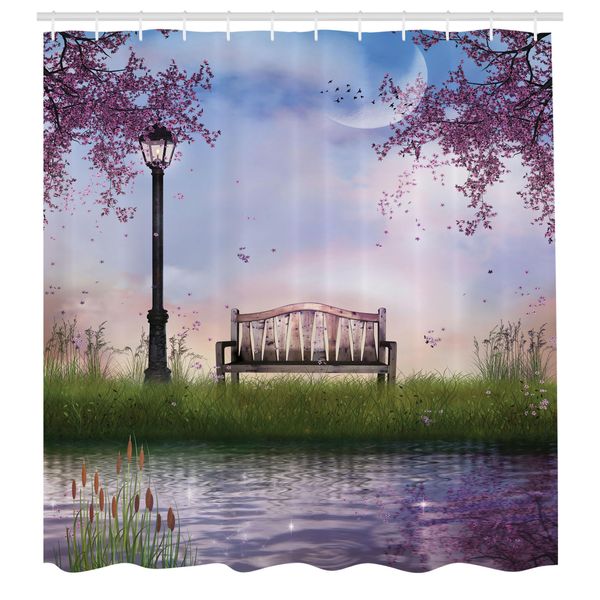 Abakuhaus Tenda Da Doccia Naturale, Panchina Su Un Fiume Che Scorre Con Luna A Forma Di Falce, Lavanda, Alberi, Erba, Illustrazione, Tessuto, Set Decorativo Per Bagno Con Ganci, 175X200 Cm, Multicolore-image