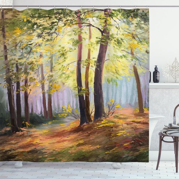 Abakuhaus Tenda Da Doccia Land, Primavera Nel Bosco Foglie, Resistente A Saponi, Batteri, Muffe E Acqua, Incl. 12 Ganci E Colori Resistenti, 175 X 180 Cm, Marrone Verde-image