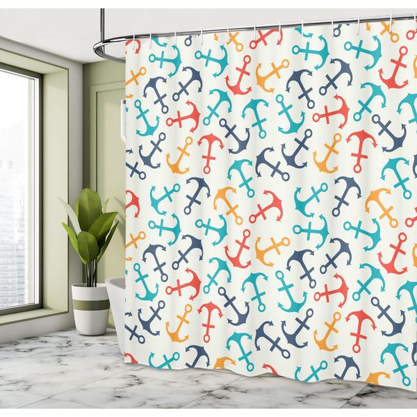Abakuhaus Tenda Da Doccia Con Ancore, Forma Ad Ancora In Linea Tropicale, Nave Da Crociera, Traffico, Mosca Ripetuta, Tessuto, Set Decorativo Per Bagno Con Ganci, 175X200 Cm, Multicolore Beige-image