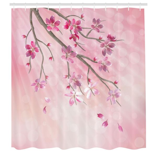 Abakuhaus Tenda Da Doccia Naturale, Illustrazione Di Rami Primaverili Con Fiori E Raggi Di Sole Su Sfondo Sfocato, Tessuto Set Decorativo Per Bagno Con Ganci, 175X200 Cm, Rosa Fucsia-image
