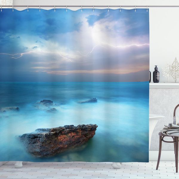 Abakuhaus Tenda Da Doccia Naturale, Tropischer Seesturm Flash, In Tessuto, Incl. 12 Ganci, Stampa Digitale, Colori Resistenti, Durevole, Resistente Ai Batteri, 175 X 220 Cm, Turchese-image
