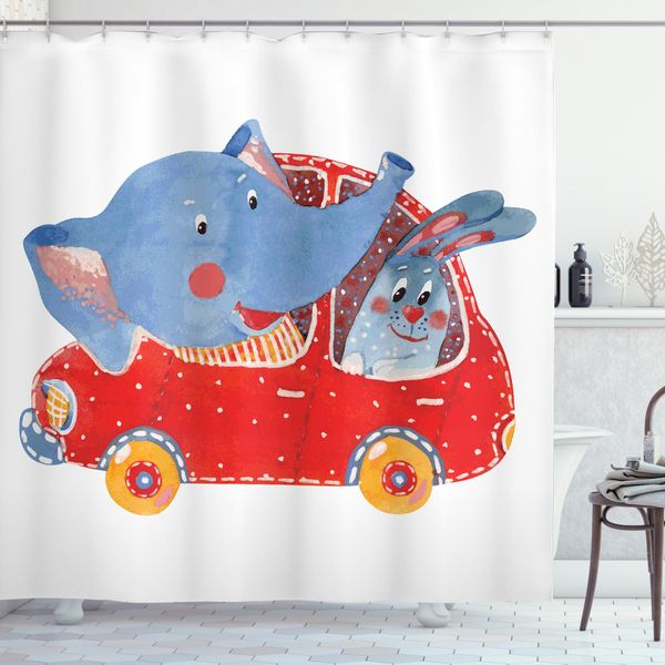 Abakuhaus Tenda Da Doccia Elefante, Funny Animal In Auto, Impermeabile, Incl. 12 Anelli, Resistente A Batteri E Muffe, 175 X 240 Cm, Bianco, Blu, Rosso-image
