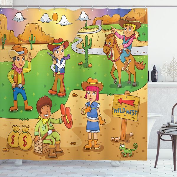 Abakuhaus Tenda Da Doccia Con Caricatura, Cowboy Del Selvaggio West Bambini, Stampa Personalizzata Incl. 12 Ganci Colori Resistenti Decorativa Con Colori Chiari, 175 X 220 Cm, Marrone Verde-image