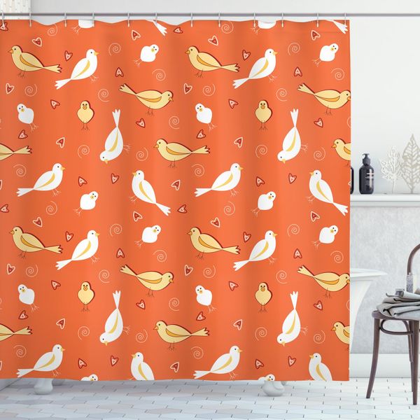 Abakuhaus Tenda Da Doccia Arancione, Uccellini Con Cuori, Con Set Di 12 Anelli Impermeabile Elegante Moderna Colori Resistenti E Antimuffa, 175 X 180 Cm, Arancione Giallo-Bianco-image