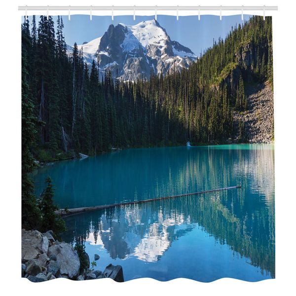 Abakuhaus Tenda Da Doccia Paesaggio, Lago Nel Canada Settentrionale Con Alberi Sottili E Montagne Innevate Rocce Ghiacciate, Tessuto Set Decorativo Per Bagno Con Ganci, 175X220 Cm, Verde Bianco Blu-image