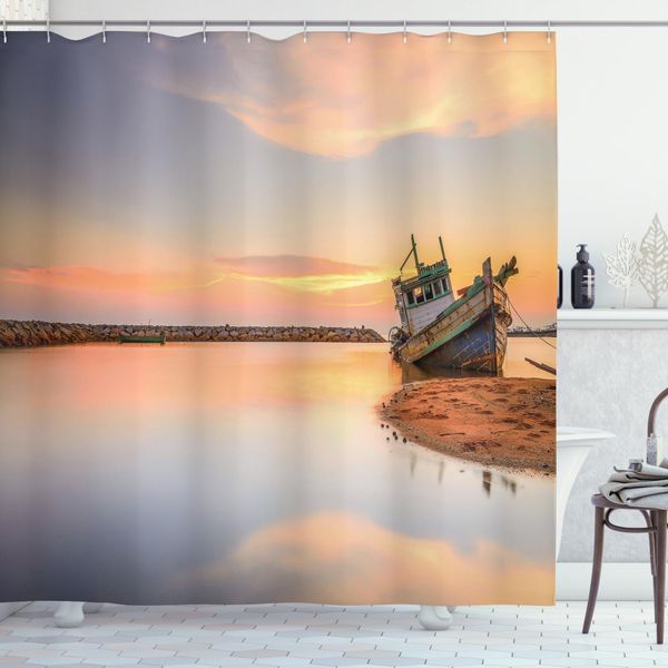 Abakuhaus Tenda Da Doccia Nautica, Barca Sulla Spiaggia Al Tramonto, Opaca, Incl. 12 Anelli, Resistente A Batteri E Muffe, 175 X 240 Cm, Blu-image