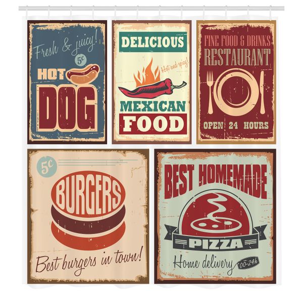 Abakuhaus Tenda Da Doccia Retrò, Insegne Nostalgiche In Lamiera E Stampa Con Cibo Messicano In Stile Logo Pubblicitario Vintage, Set Decorativo Per Bagno In Tessuto Con Ganci, 175X200 Cm, Multicolore-image