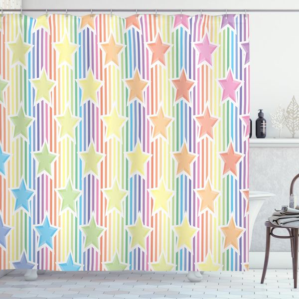 Abakuhaus Tenda Da Doccia Star, Stelle E Strisce Arcobaleno, Stampa Personalizzata, Incl. 12 Ganci, Colori Resistenti, Decorativa Con Colori Chiari, 175 X 220 Cm, Giallo-Blu-image