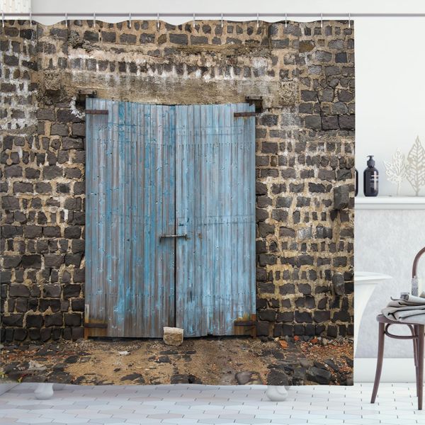 Abakuhaus Tenda Da Doccia Rustica, Fienile Antico Gotico Medievale Europeo Urbano Paesaggio Urbano, Tessuto Set Decorativo Per Bagno Con Ganci, 175X200 Cm, Blu Grigio-image