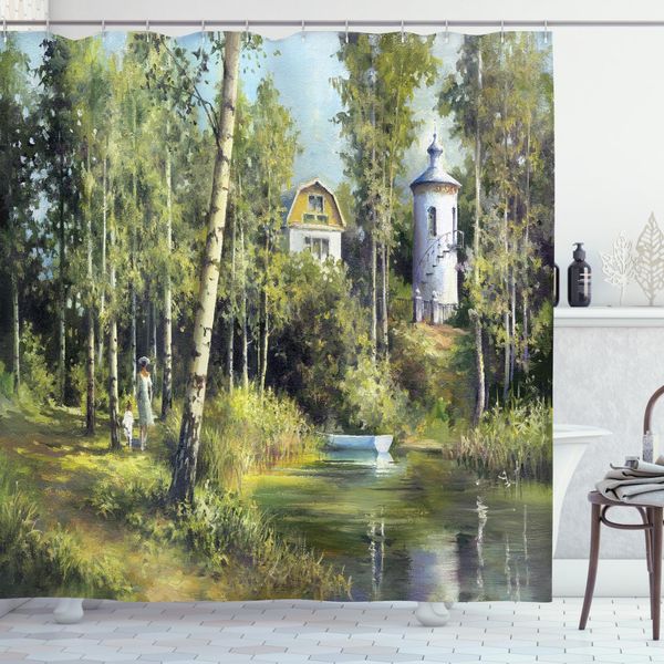 Abakuhaus Tenda Da Doccia Naturale, Casa Nel Bosco, Opaca, Incl. 12 Anelli, Resistente A Batteri E Muffe, 175 X 240 Cm, Verde-image