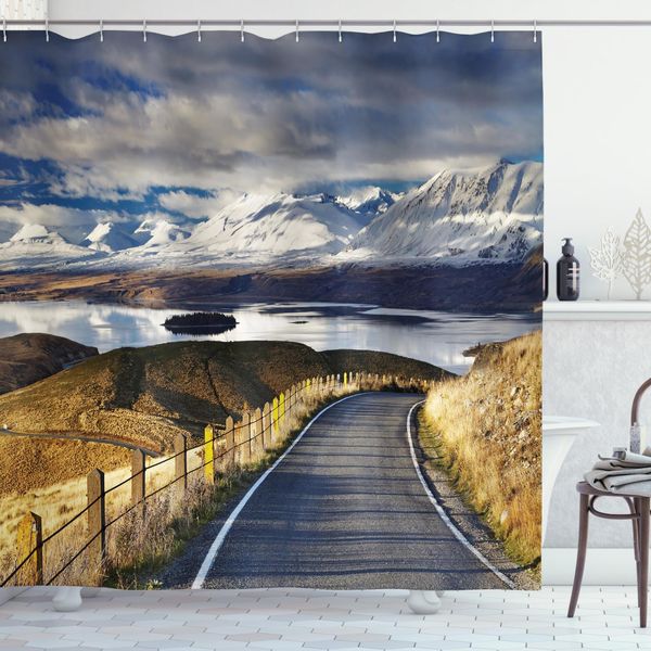 Abakuhaus Tenda Da Doccia Paesaggio, Fiume Montagna Innevata, Con 12 Anelli Set Impermeabile Elegante Moderna Colori Resistenti E Antimuffa, 175 X 180 Cm, Bianco Blu Giallo-image