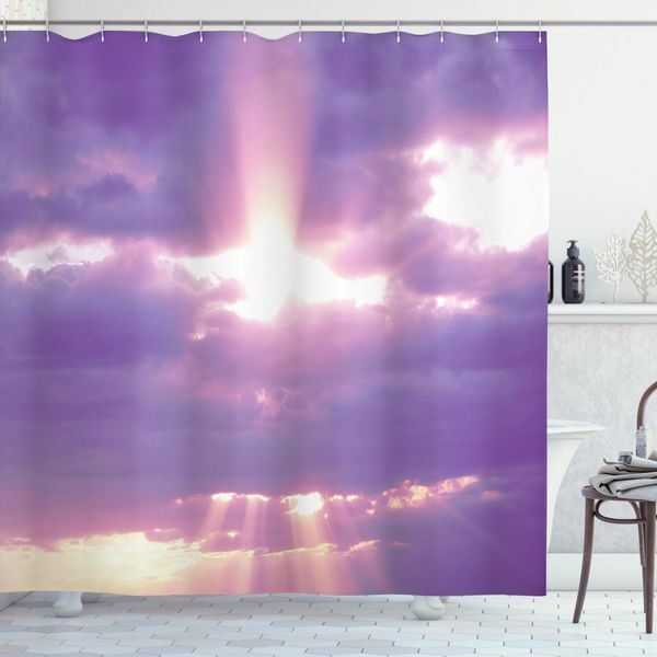 Abakuhaus Tenda Da Doccia Paesaggio, Cielo Nuvoloso Romantico, Acqua Opaca, Incl. 12 Anelli, Resistente A Batteri E Muffe, 175 X 240 Cm, Bianco Lilla-image
