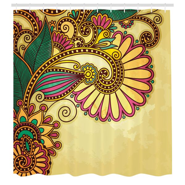 Abakuhaus Tenda Da Doccia Grunge, Motivo Floreale E Foglie Paisley Con Effetti Floreali Mandala Orientali, Set Decorativo Per Bagno In Tessuto Con Ganci, 175X220 Cm, Multicolore-image
