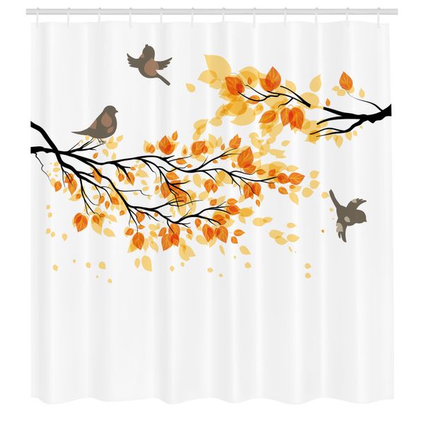 Abakuhaus Tenda Da Doccia Fallen, Con Motivo Foglie Autunnali E Uccelli, Stampa Stagionale Estiva, Set Decorativo Per Bagno In Tessuto Con Ganci, 175X220 Cm, Giallo Crema-image