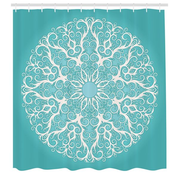 Abakuhaus Tenda Da Doccia Turchese, Motivo A Rami Di Alberi Sinuosi E Circolari Infiniti, Disegno Floreale Simmetrico, Set Decorativo Per Bagno In Tessuto Con Ganci, 175X240 Cm, Bianco-image