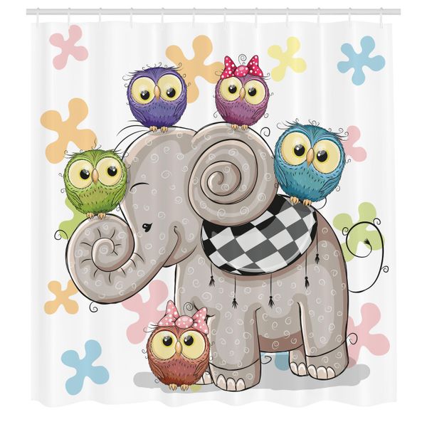 Abakuhaus Tenda Da Doccia Con Caricature, Elefanti E Gufi Su Sfondo Floreale, Amore Per Gli Animali, Occhi Grandi, Ragazzi E Ragazze, Tessuto, Set Decorativo Per Bagno Con Ganci, 175X200 Cm, Multicolore-image